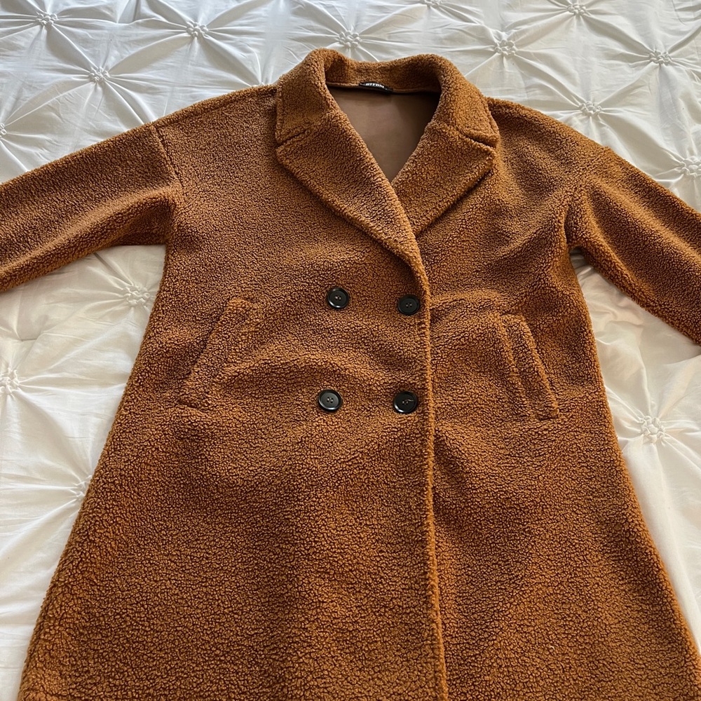 Cozy Double-Breasted Teddy Jacket in Tan